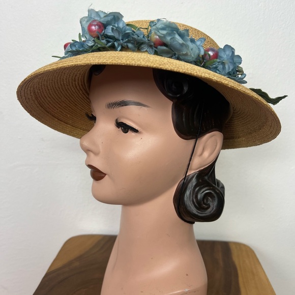 BLUE FLORAL 50’s 50s Cherries Berries & Pearls Vintage Straw Brimmed Sunhat Hat - Picture 4 of 16